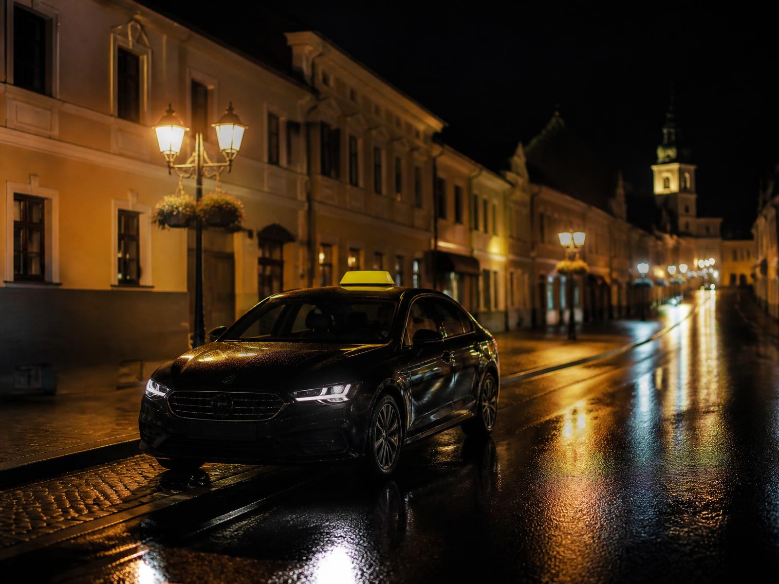 Černé taxi čeká v noci v ulici v Přerově